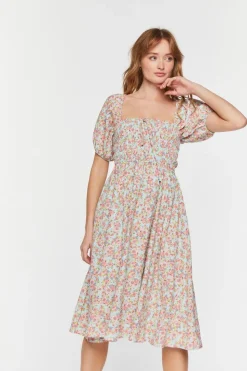 Floral Print Puff-Sleeve Midi Dress
