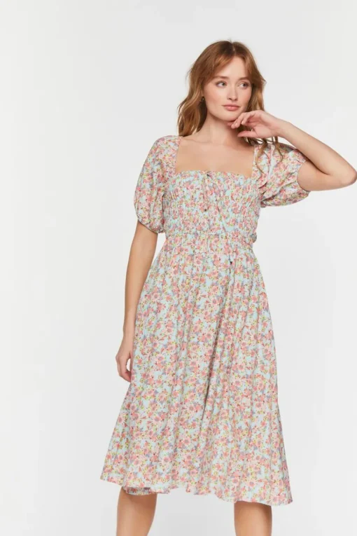 Floral Print Puff-Sleeve Midi Dress