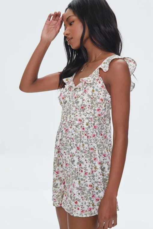 Floral Print Ruffle-Trim Romper