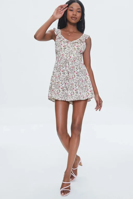 Floral Print Ruffle-Trim Romper