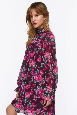 Floral Print Trumpet-Sleeve Mini Dress
