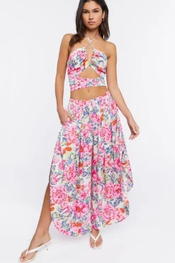 Floral Print Wide-Leg Slit Pants