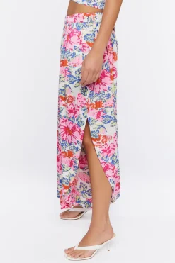 Floral Print Wide-Leg Slit Pants