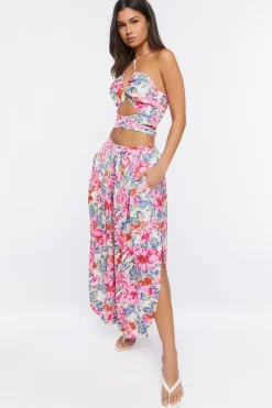 Floral Print Wide-Leg Slit Pants