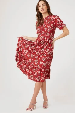 Floral Puff-Sleeve Midi Dress