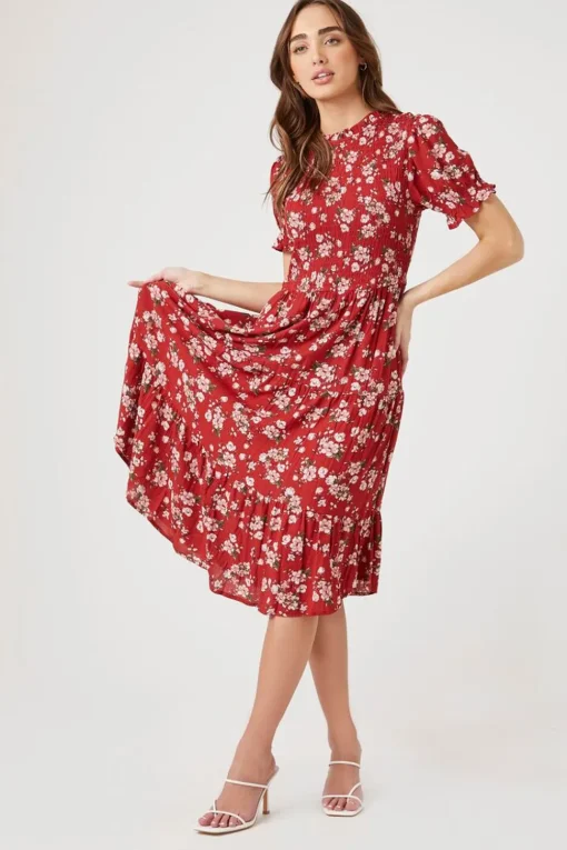 Floral Puff-Sleeve Midi Dress