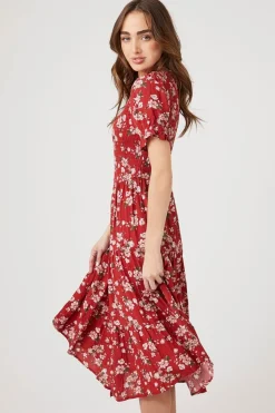 Floral Puff-Sleeve Midi Dress