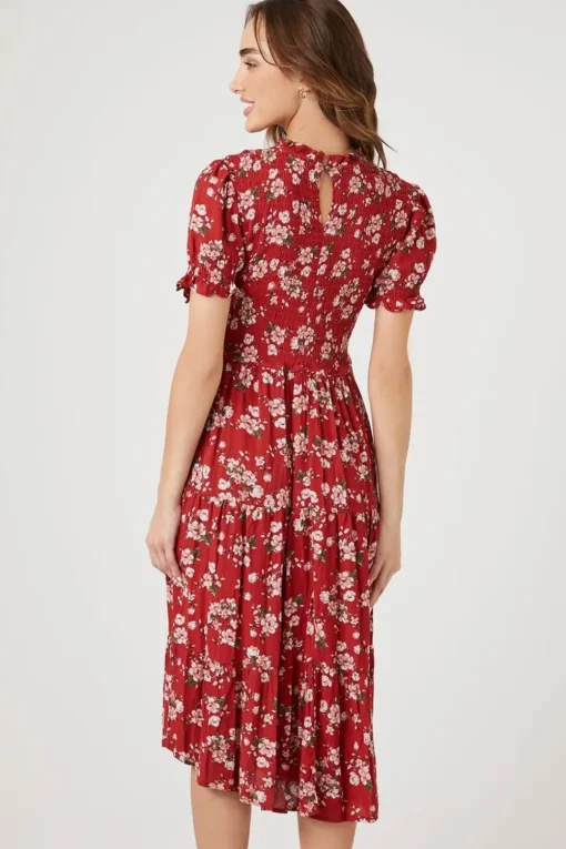 Floral Puff-Sleeve Midi Dress