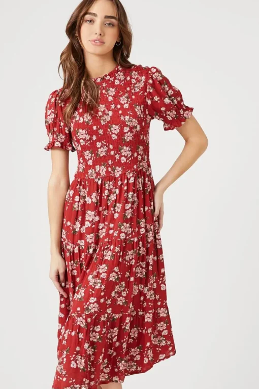 Floral Puff-Sleeve Midi Dress