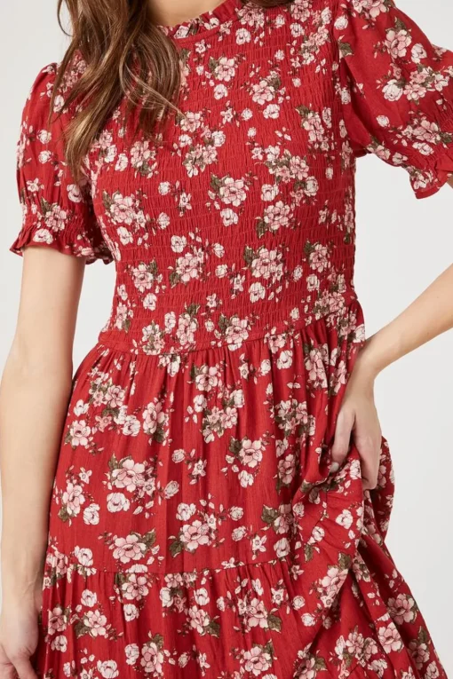 Floral Puff-Sleeve Midi Dress