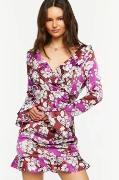 Floral Ruffled Satin Mini Dress