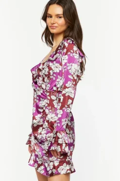 Floral Ruffled Satin Mini Dress
