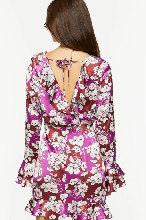 Floral Ruffled Satin Mini Dress