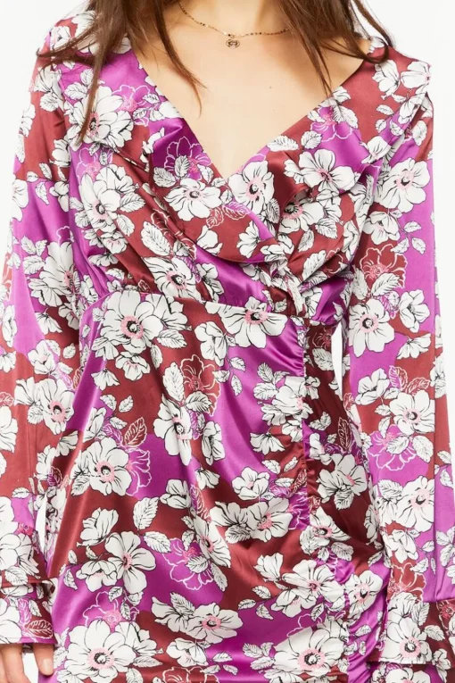 Floral Ruffled Satin Mini Dress