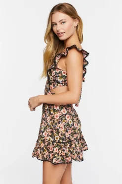 Floral Ruffle-Trim Cutout Mini Dress