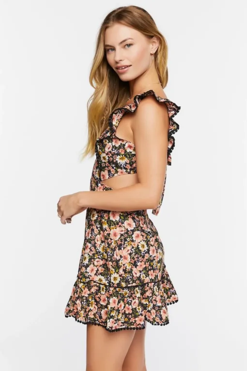 Floral Ruffle-Trim Cutout Mini Dress