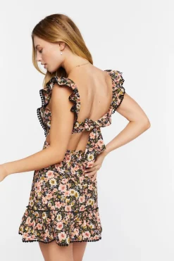 Floral Ruffle-Trim Cutout Mini Dress