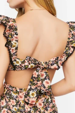Floral Ruffle-Trim Cutout Mini Dress