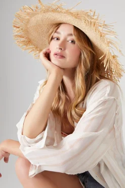 Frayed Wide-Brim Straw Hat