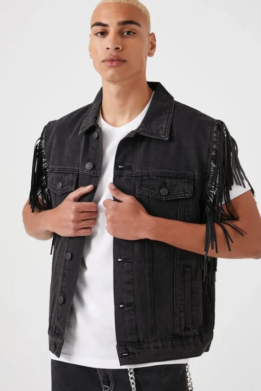Fringe-Trim Denim Vest