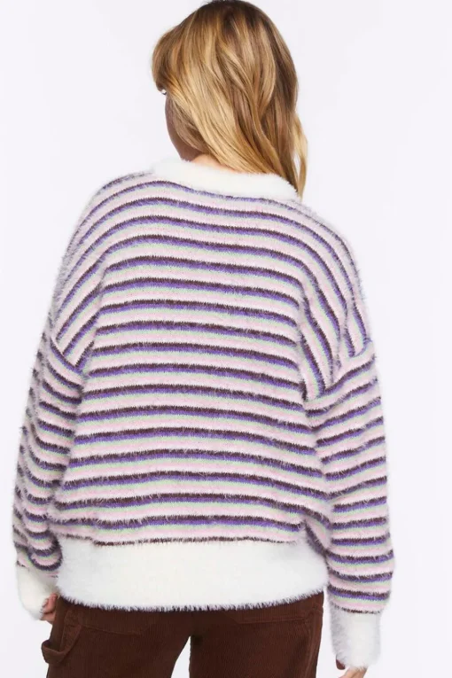Fuzzy Striped Floral Graphic Sweater