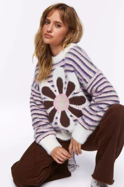 Fuzzy Striped Floral Graphic Sweater