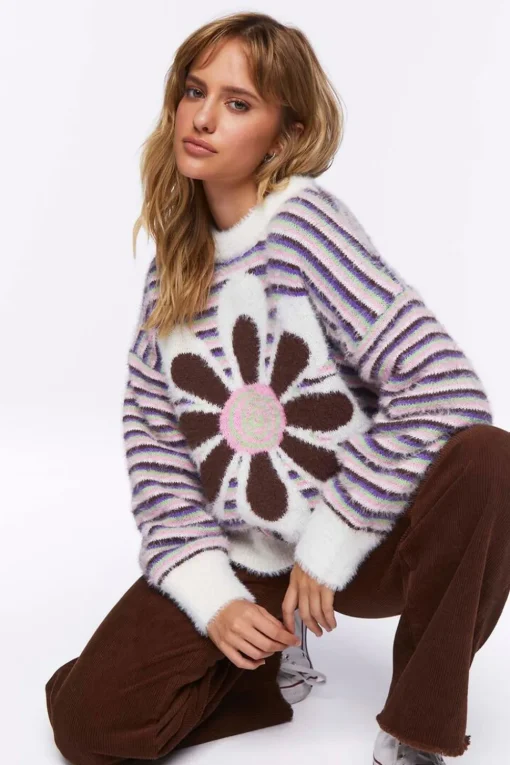 Fuzzy Striped Floral Graphic Sweater