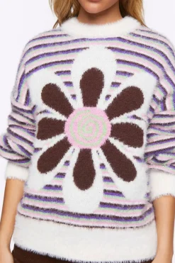 Fuzzy Striped Floral Graphic Sweater