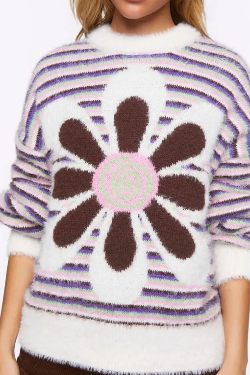Fuzzy Striped Floral Graphic Sweater
