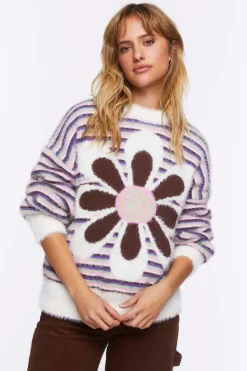 Fuzzy Striped Floral Graphic Sweater