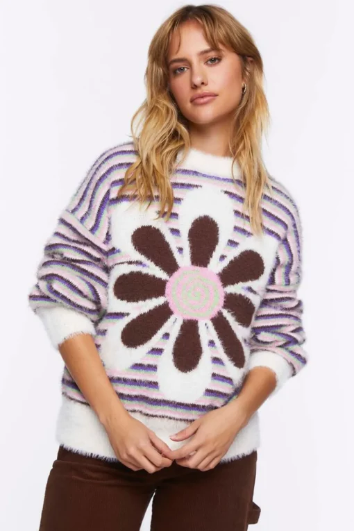 Fuzzy Striped Floral Graphic Sweater