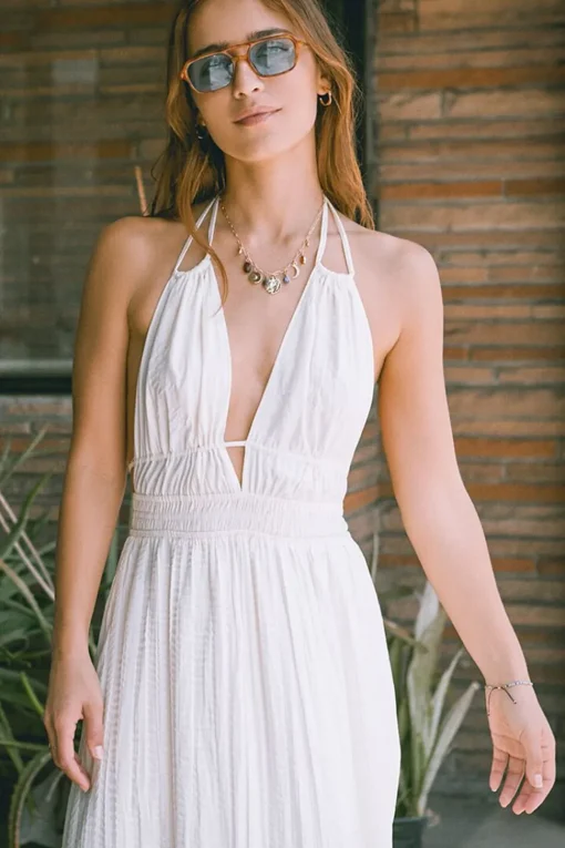 Gauze Plunging Halter Maxi Dress