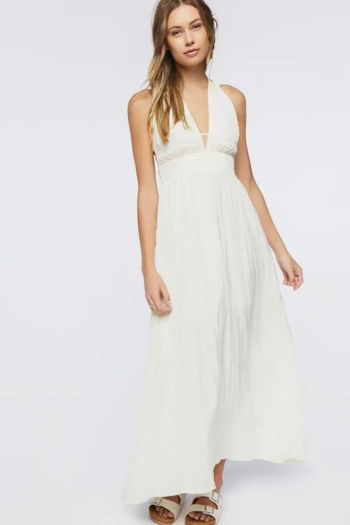 Gauze Plunging Halter Maxi Dress
