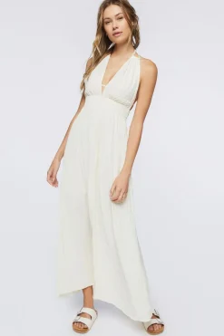 Gauze Plunging Halter Maxi Dress