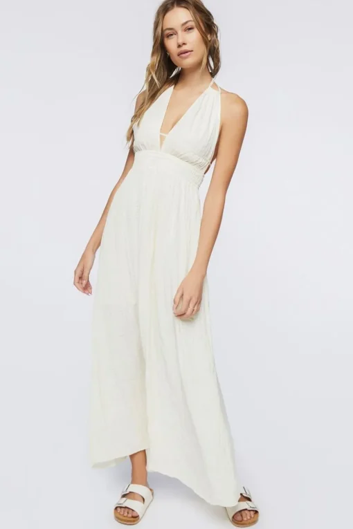 Gauze Plunging Halter Maxi Dress