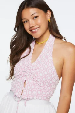 Geo Print Ruched Halter Crop Top