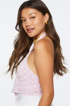 Geo Print Ruched Halter Crop Top