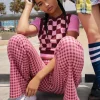 Gingham Low-Rise Flare Pants
