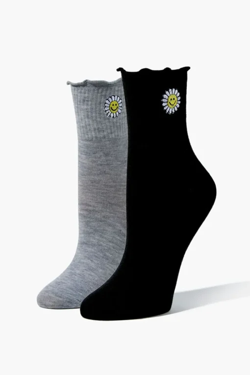 Happy Face Daisy Crew Socks - 2 Pack