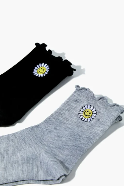 Happy Face Daisy Crew Socks - 2 Pack