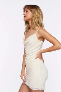 Lace Cowl Neck Tulip-Hem Mini Dress