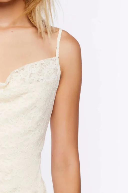 Lace Cowl Neck Tulip-Hem Mini Dress