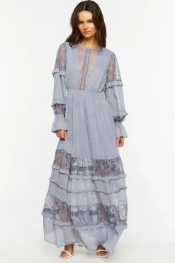 Lace Tiered Long-Sleeve Maxi Dress