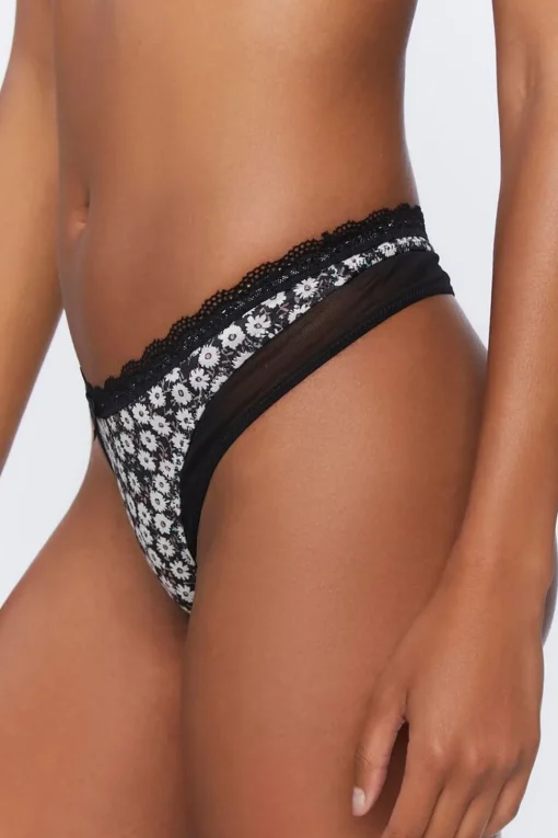 Lace-Trim Floral Thong Panties