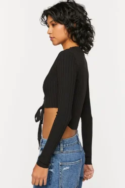 Lace-Up Long-Sleeve Sweater-Knit Crop Top