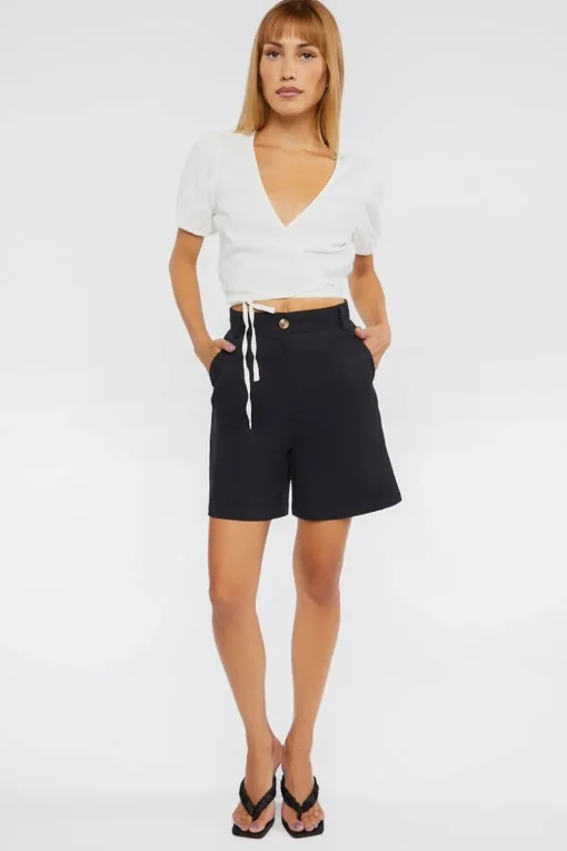 Linen-Blend Cropped Wrap Top