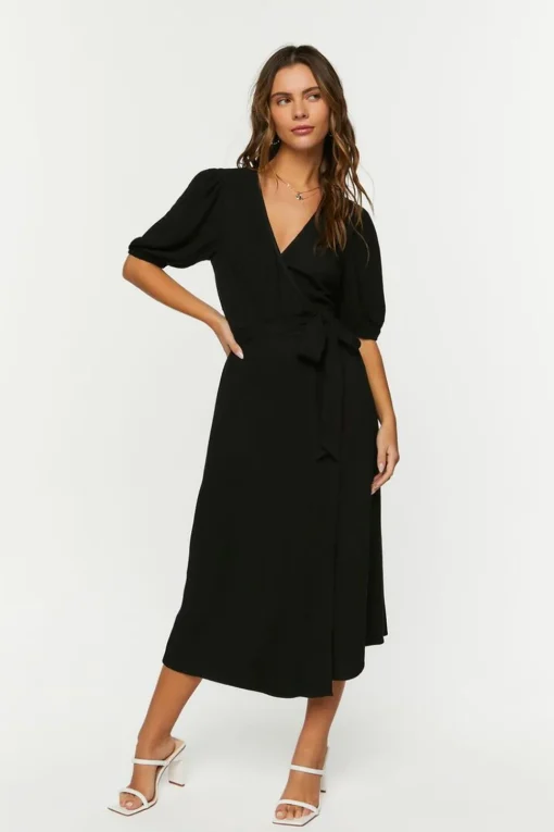 Linen-Blend Wrap Midi Dress