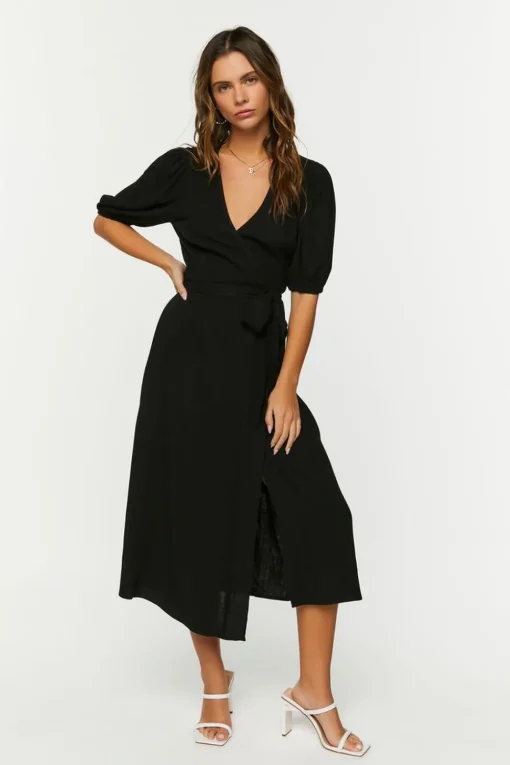 Linen-Blend Wrap Midi Dress
