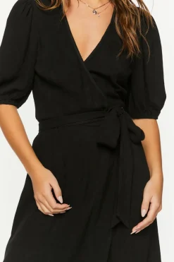 Linen-Blend Wrap Midi Dress