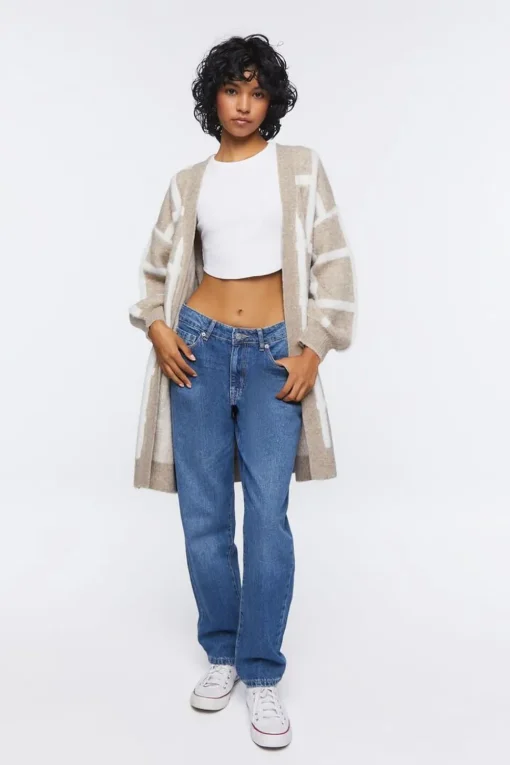 Longline Grid Cardigan Sweater